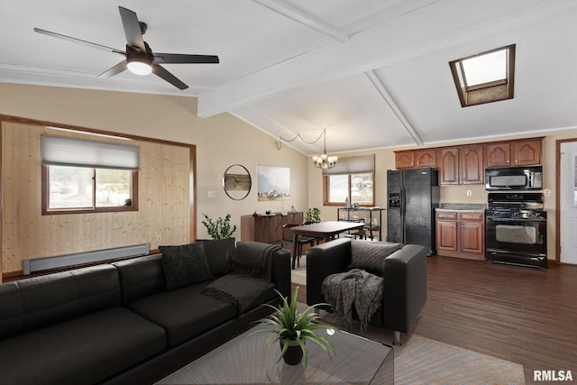 living room with lofted ceiling with beams, a baseboard heating unit, plenty of natural light, and dark wood-style floors