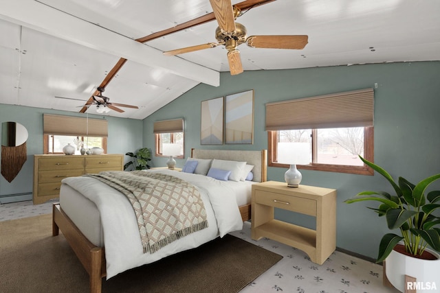 bedroom with lofted ceiling with beams, a ceiling fan, and baseboard heating