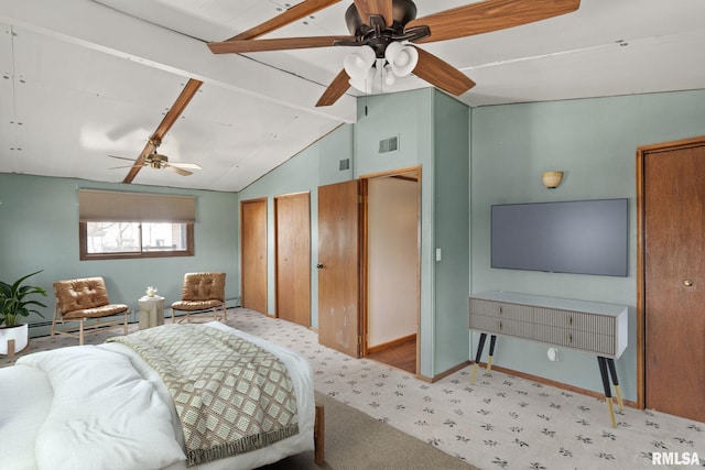 carpeted bedroom with visible vents, a ceiling fan, lofted ceiling with beams, a baseboard radiator, and baseboards