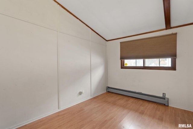 unfurnished room with lofted ceiling with beams, a baseboard radiator, and wood finished floors