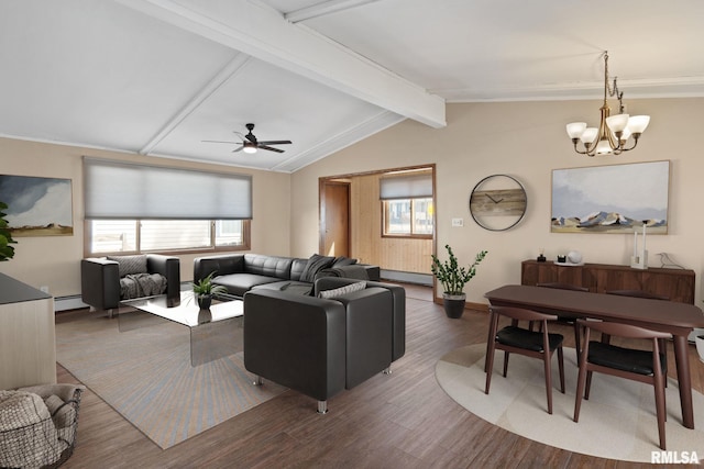 living area featuring vaulted ceiling with beams, a baseboard heating unit, baseboard heating, ceiling fan with notable chandelier, and wood finished floors