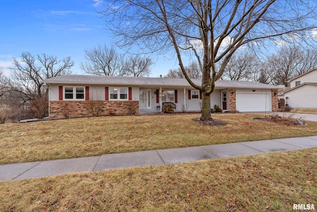 ranch-style home featuring brick siding, a garage, concrete driveway, and a front lawn