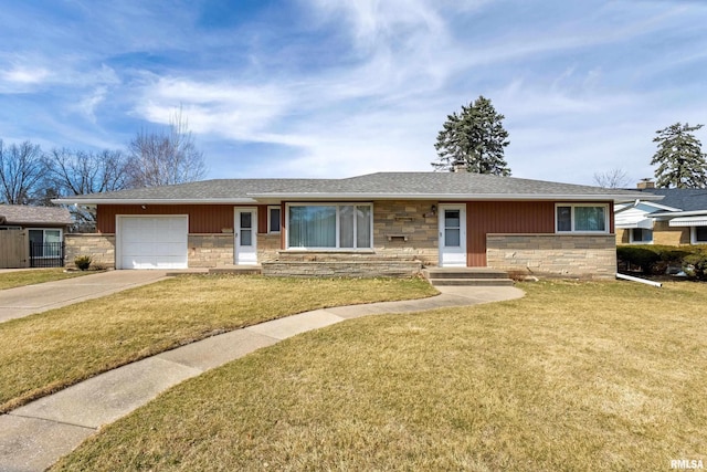 ranch-style home featuring driveway, stone siding, roof with shingles, a front yard, and a garage