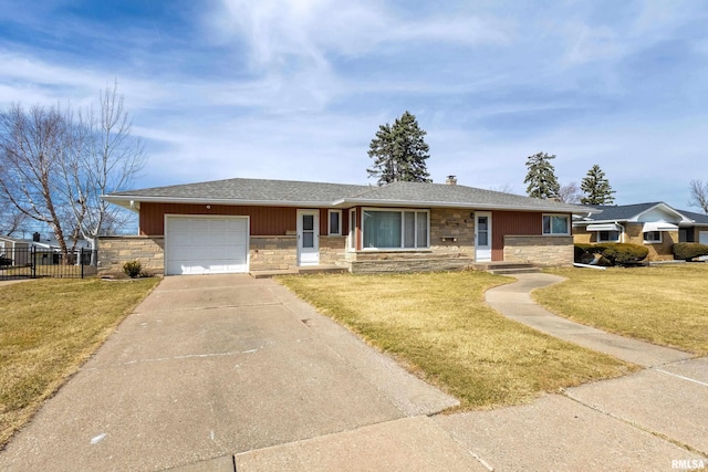 single story home with fence, concrete driveway, a front yard, a garage, and stone siding