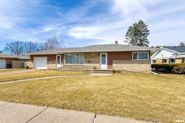 ranch-style house with a chimney, a front lawn, concrete driveway, a garage, and stone siding