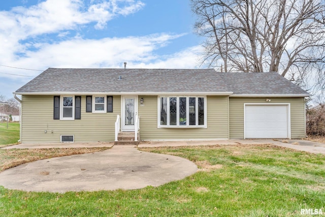 single story home with driveway, roof with shingles, entry steps, a front lawn, and a garage