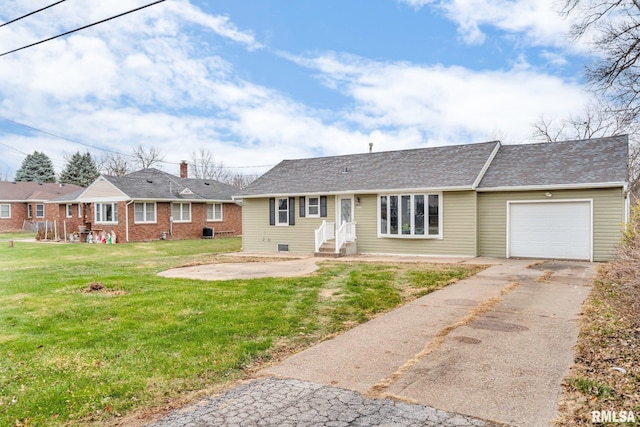 ranch-style house featuring central AC, a shingled roof, a front lawn, concrete driveway, and a garage