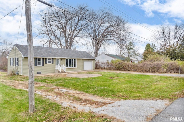 view of front of house with crawl space, a garage, a front lawn, and a shingled roof