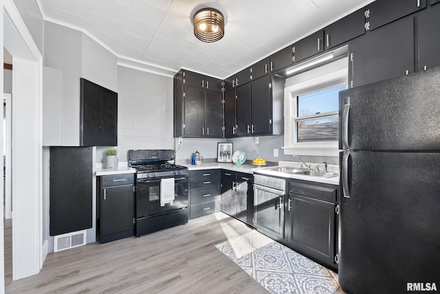 kitchen featuring a sink, light wood-style floors, black appliances, and dark cabinetry