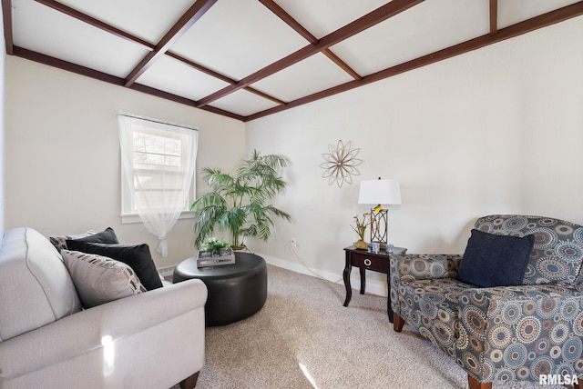 living room with carpet flooring, beamed ceiling, coffered ceiling, and baseboards