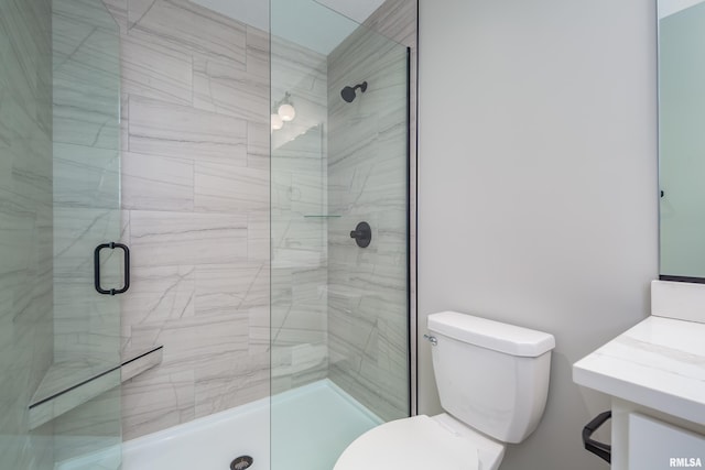 bathroom with vanity, toilet, and a shower stall