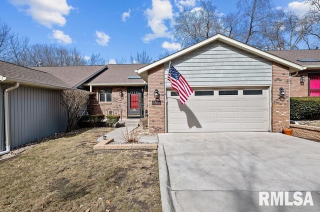 single story home with driveway, brick siding, roof with shingles, and an attached garage