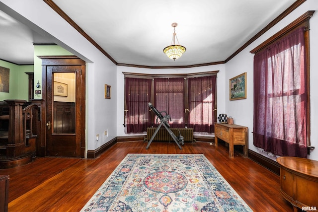 entryway with ornamental molding, radiator heating unit, baseboards, and wood finished floors