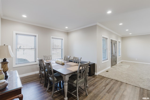 1621 S Eugene Ln, Marion, IL 62959 - dining area with recessed lighting, wood finished floors, baseboards, and ornamental molding