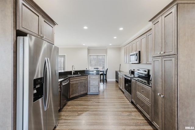 1621 S Eugene Ln, Marion, IL 62959 - kitchen featuring dark countertops, light wood-type flooring, ornamental molding, stainless steel appliances, and a sink
