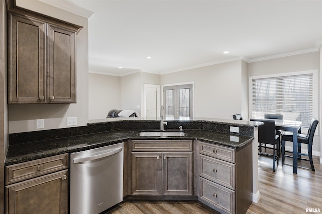 1621 S Eugene Ln, Marion, IL 62959 - kitchen with a sink, dishwasher, wood finished floors, and ornamental molding