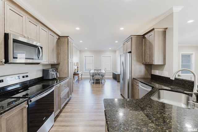 1621 S Eugene Ln, Marion, IL 62959 - kitchen featuring dark stone counters, light wood-type flooring, ornamental molding, stainless steel appliances, and a sink