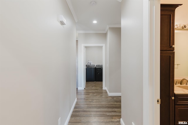 1621 S Eugene Ln, Marion, IL 62959 - corridor featuring wood finished floors, baseboards, recessed lighting, crown molding, and washer and clothes dryer