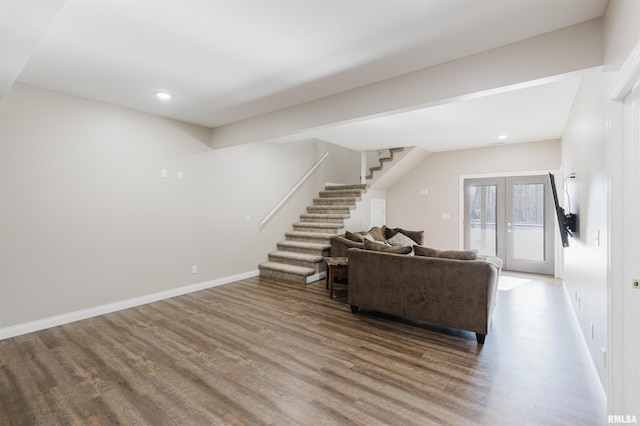 1621 S Eugene Ln, Marion, IL 62959 - living room featuring stairway, wood finished floors, baseboards, and french doors