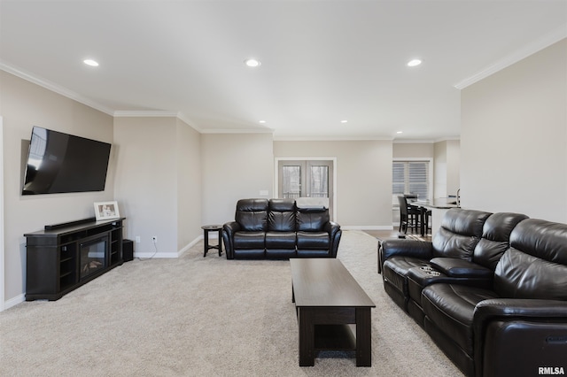 1621 S Eugene Ln, Marion, IL 62959 - living room featuring recessed lighting, baseboards, carpet floors, and crown molding