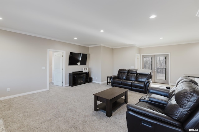 1621 S Eugene Ln, Marion, IL 62959 - living room with light carpet, recessed lighting, crown molding, and baseboards