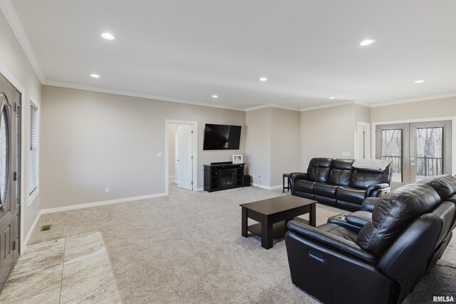 1621 S Eugene Ln, Marion, IL 62959 - living room featuring recessed lighting, light colored carpet, baseboards, and ornamental molding