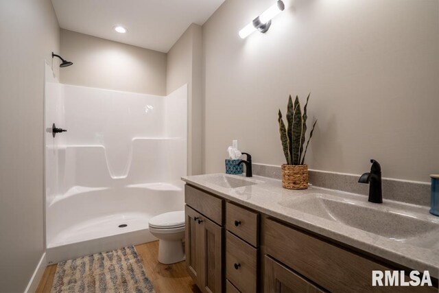 207 Rowatt St, Cambria, IL 62915 - full bath with wood finished floors, a shower, toilet, and double vanity