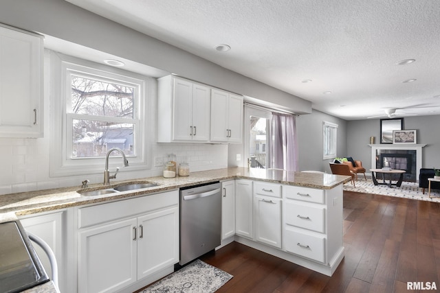 kitchen featuring dark wood-type flooring, dishwasher, a peninsula, a glass covered fireplace, and a sink