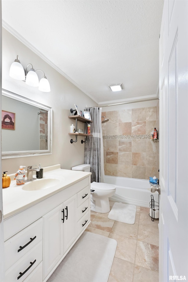 full bathroom featuring vanity, shower / tub combo, a textured ceiling, crown molding, and toilet