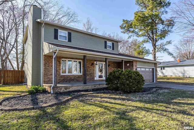 traditional-style home featuring fence, covered porch, a garage, brick siding, and a chimney