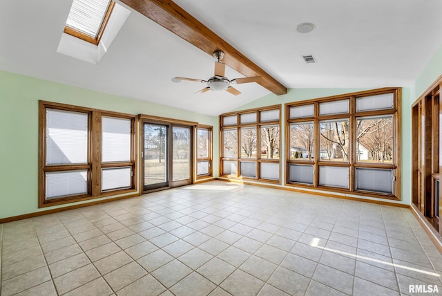 unfurnished sunroom featuring lofted ceiling with skylight, visible vents, and ceiling fan