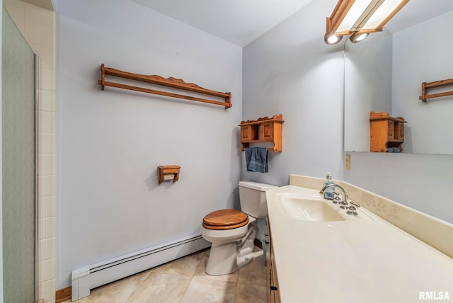 full bath with tile patterned floors, toilet, a shower with door, a baseboard radiator, and vanity