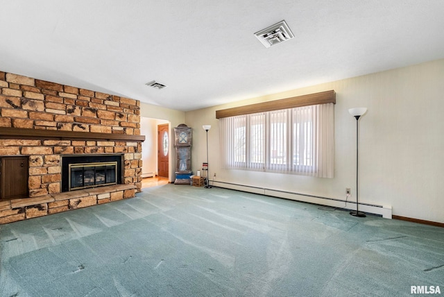 unfurnished living room featuring a fireplace, visible vents, carpet floors, and a baseboard radiator