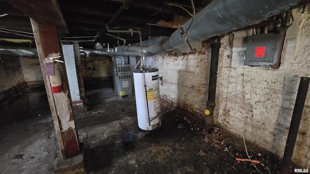 unfinished basement with gas water heater, heating unit, and electric panel