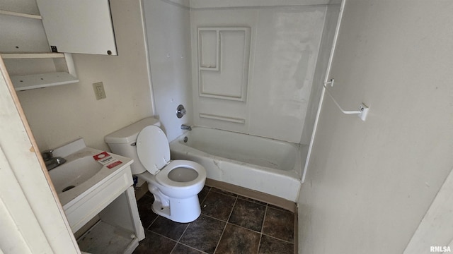 bathroom with shower / bathing tub combination, toilet, vanity, and tile patterned flooring