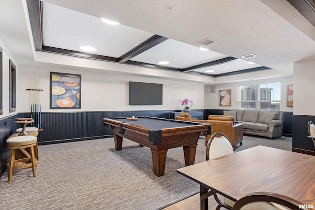 recreation room with a raised ceiling, visible vents, a wainscoted wall, and carpet floors