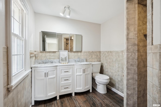 full bath featuring a sink, wood finished floors, tile walls, and a wealth of natural light