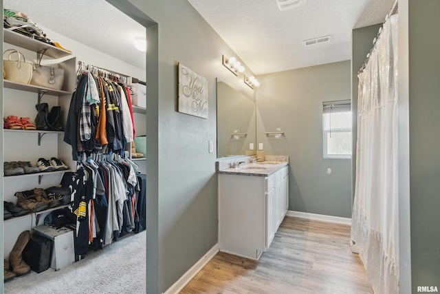 bathroom with a spacious closet, visible vents, vanity, and baseboards