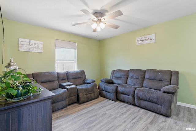 living area with ceiling fan, visible vents, baseboards, and wood finished floors