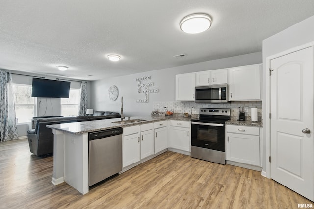 kitchen with light wood finished floors, a peninsula, a sink, white cabinets, and appliances with stainless steel finishes