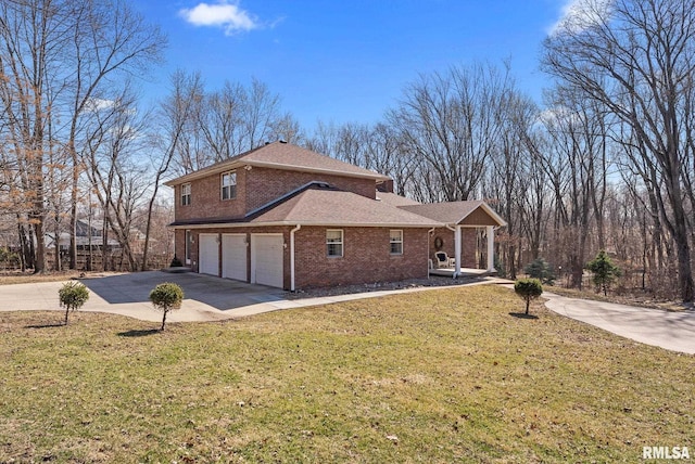 view of side of property with a lawn, concrete driveway, a shingled roof, a garage, and brick siding