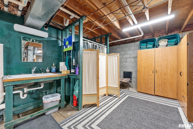 unfinished basement with a sink and concrete block wall