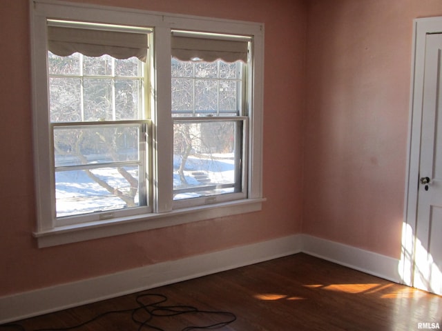 spare room with dark wood-type flooring, baseboards, and a wealth of natural light