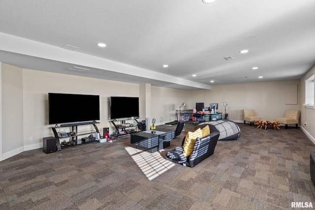 interior space featuring recessed lighting, baseboards, and carpet