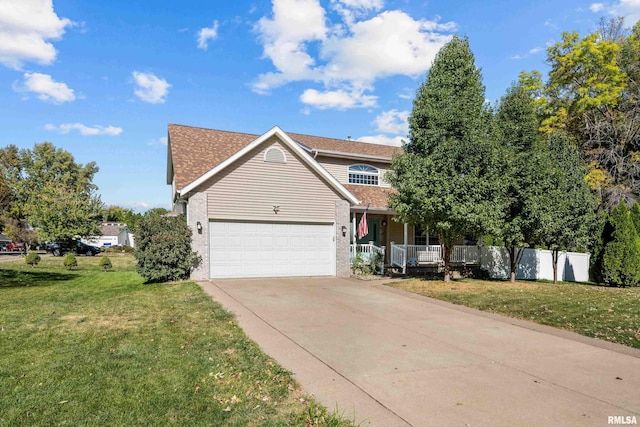 traditional-style house with brick siding, a porch, a front yard, driveway, and an attached garage