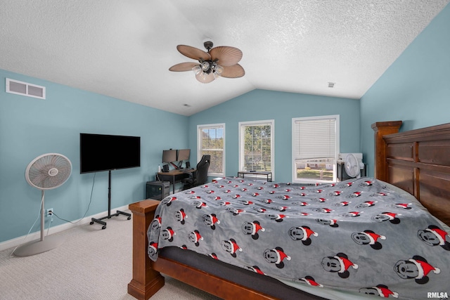 carpeted bedroom featuring baseboards, visible vents, lofted ceiling, ceiling fan, and a textured ceiling