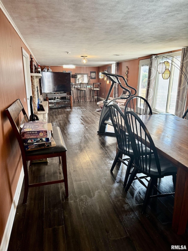 dining area with dark wood-style floors, wood walls, a textured ceiling, and baseboards