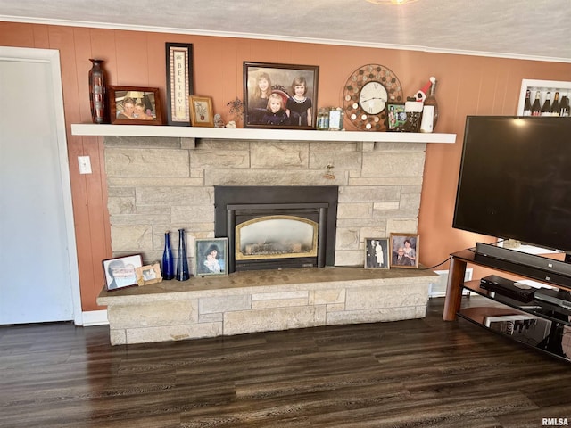 details featuring a fireplace, crown molding, and wood finished floors