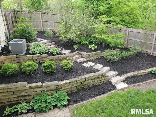 view of yard featuring central air condition unit, a garden, and fence private yard