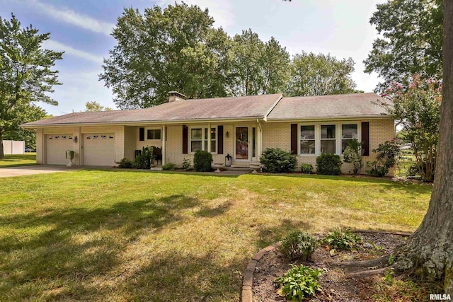 single story home featuring concrete driveway, a front yard, an attached garage, brick siding, and a chimney